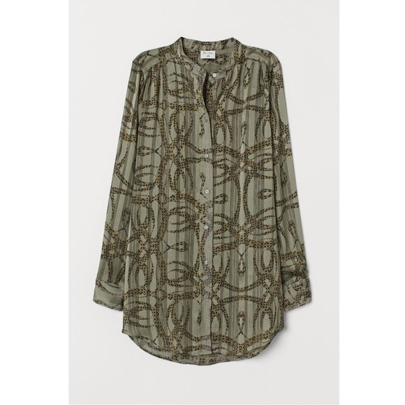 Richard Allan X H&M Designer Collab Patterned Airy Tunic/Shirt Olive Grn Sz 14 - Picture 1 of 6